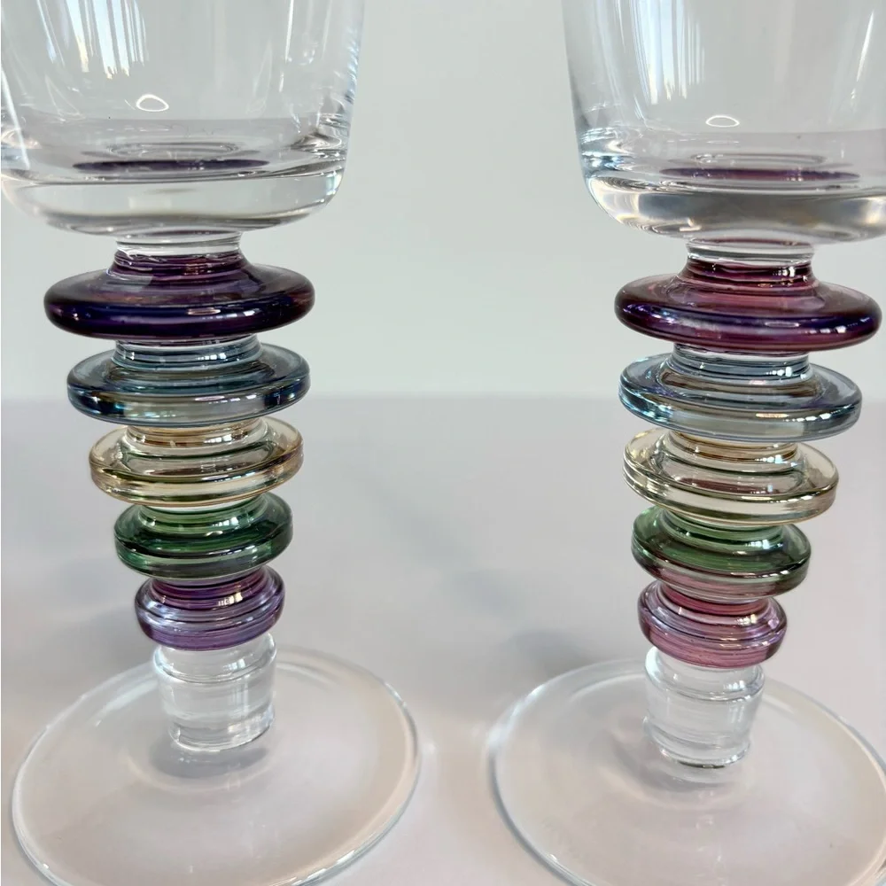 Vintage Pair Block Crystal Carnival Wine / Water Goblet Glasses